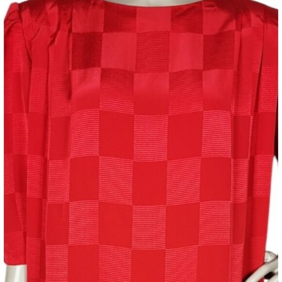 Vintage 80s Liz Claiborne Red Brocade Checker Puff Sleeve Shift Dress Size 12 - Picture 8 of 10